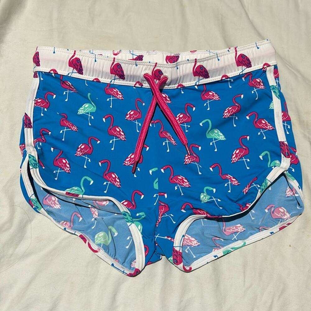 Hatley 7 swim bottom short drawstring blue W/ hot pink flamingos nwot